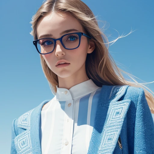 front focus, medium portrait portrait of a French supermodel. pastel geometric patterns on clothes, futuristic big glasses, fashionable outfit on a sky blue background. This is a minimalistic portrait with a high tonal range.
