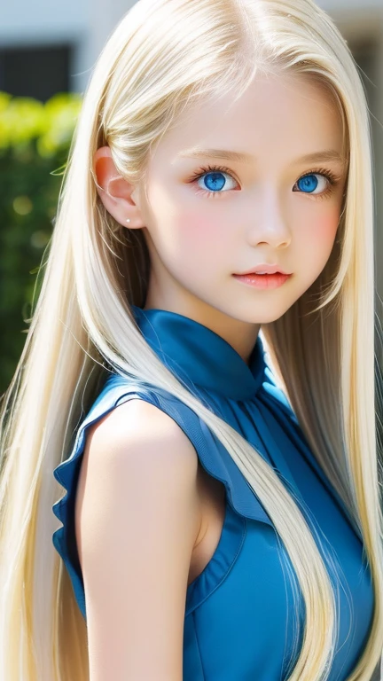 Portrait、、bright look、ponytail、Young, shiny, white, glossy skin、best beauty、blonde reflection、Platinum blonde hair with dazzling highlights、shiny bright hair,、super long silky straight hair、Shining beautiful bangs、Sparkling clear and charming big blue eyes、very beautiful lovely cute 16 year old girl、rich bust