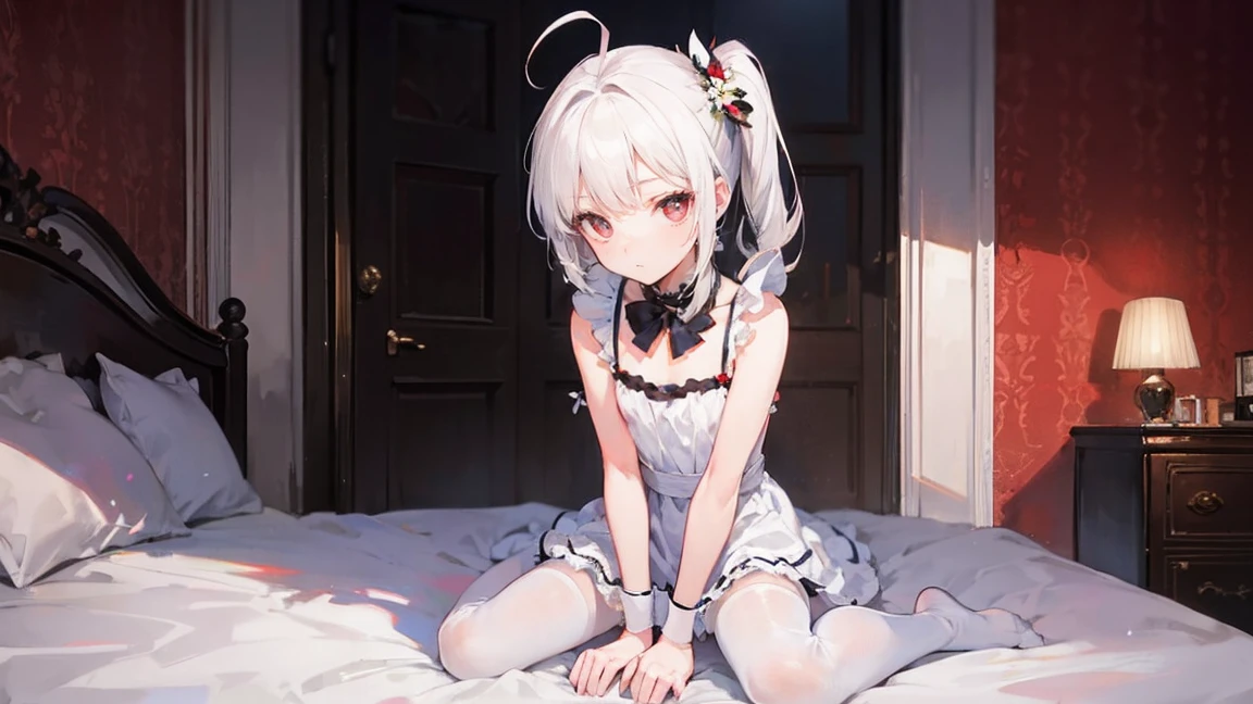 Ahoge,前hair,~ side_ponytail,white_hair,red_eye,arrive,embarrassing,Are standing,,flat_chest,slipper,shift dresses,Rendering with Octane,careful painting,flower meadow,Angle of view,shoulder cutout,From above,full body esbian,perspective,Overall view,,on the bed,Bedroom,High resolution,The Art of Light Novels,The Art of Light Novels,small,****taファッション,,baby,Ahoge,長いhair,white hair,Golden yellow_hair,red_eye,kneel down&Blow the whistle,Wariza,slim legs,hand between legs,red面,緻密で美しいeye,sweet_****ta,white pantyhose,white stockings,white_upper limbs,I don&#39;t have shoes,collar,neck bow tie,small_chest,small_chest,one man,one man,Maid dress,dress,