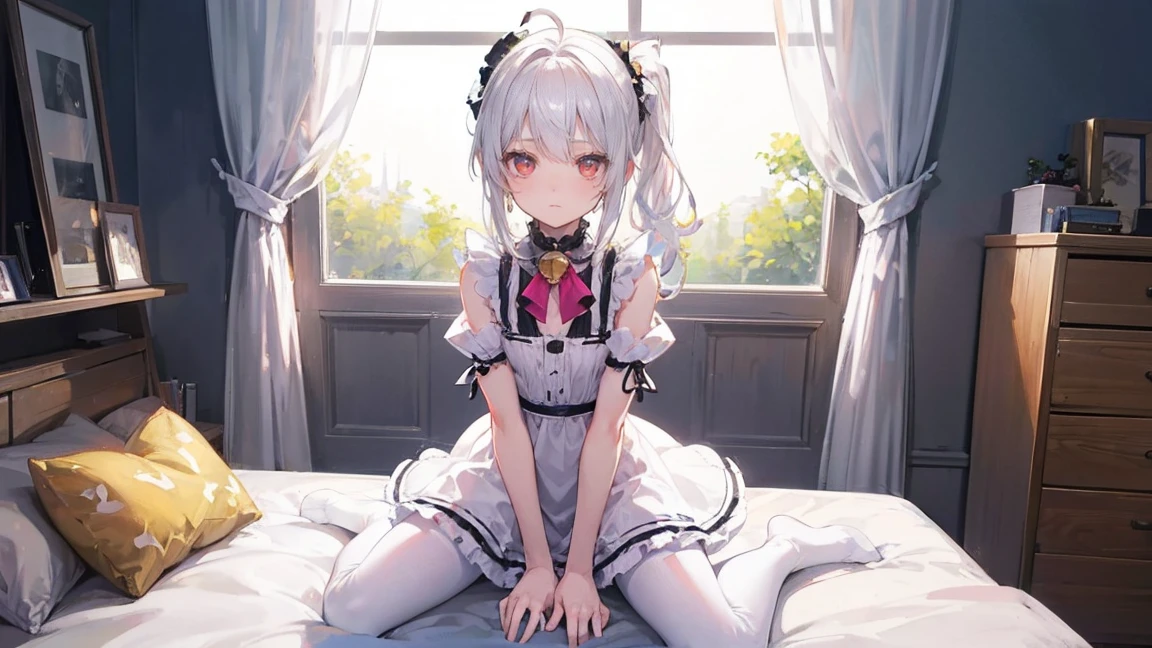 Ahoge,前hair,~ side_ponytail,white_hair,red_eye,arrive,embarrassing,Are standing,,flat_chest,slipper,shift dresses,Rendering with Octane,careful painting,flower meadow,Angle of view,shoulder cutout,From above,full body esbian,perspective,Overall view,,on the bed,Bedroom,High resolution,The Art of Light Novels,The Art of Light Novels,small,lolitaファッション,,baby,Ahoge,長いhair,white hair,Golden yellow_hair,red_eye,kneel down&Blow the whistle,Wariza,slim legs,hand between legs,red面,緻密で美しいeye,sweet_lolita,white pantyhose,white stockings,white_upper limbs,I don&#39;t have shoes,collar,neck bow tie,small_chest,small_chest,one man,one man,Maid dress,dress,