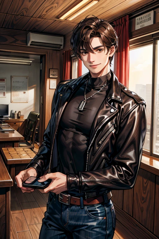 A guy, tawny skin, warm smile, dark brown eyes, very tall, dark brown hair, brushed-up hair, modern, leather jacket, open shirt, t-shirt, jeans, inside police station