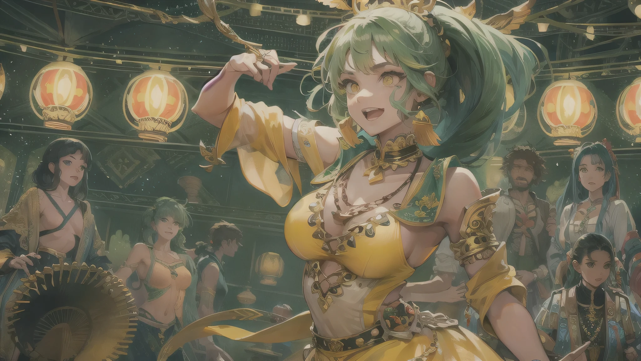 perfect anatomy, masterpiece:1.4, best quality, 8k, beautiful detailed grow, (in the Festival Venue), low-angle (Dance Style) (solo:1.3 ponytail green hair long hair Professional cute dancer girl, cute yellow eyes), ((make-up face)), (best smile), break, (jumping and high kicking), (in a detailed beautiful Gypsy dancer's outfit).