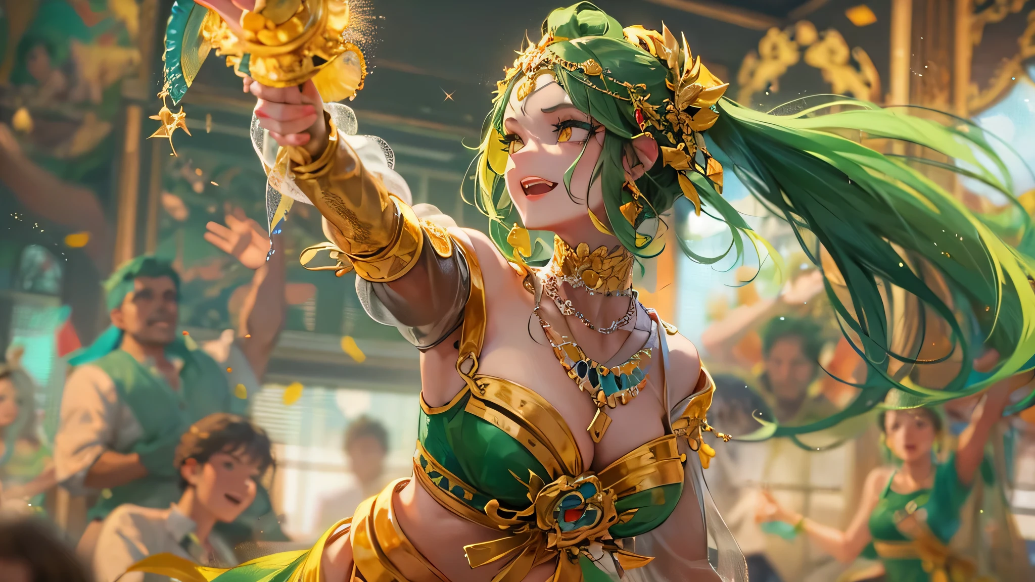 perfect anatomy, masterpiece:1.4, best quality, 8k, beautiful detailed grow, (in the Festival Venue), low-angle (Dance Style) (solo:1.3 ponytail green hair long hair Professional cute dancer girl, cute yellow eyes), ((make-up face)), (best smile), break, (jumping and high kicking), (in a detailed beautiful Gypsy dancer's outfit).