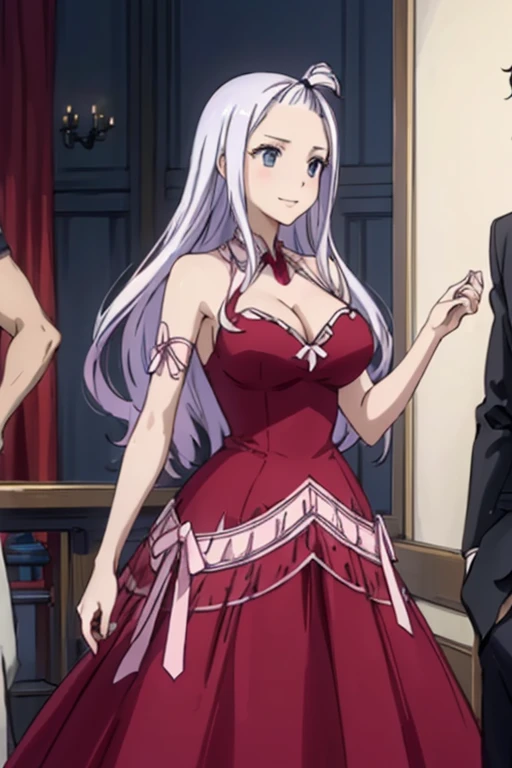 (masterpiece, best quality:1.2), Mirajane Strauss with a beautiful smile wearing a sensual and elegant red dress, perfect for a romantic date night. Highlight elements like a deep V-neckline, fitted silhouette, lace details or strategically placed transparencies to add a touch of mystery and glamour. Make sure the design highlights feminine curves and conveys an aura of confidence and sophistication."