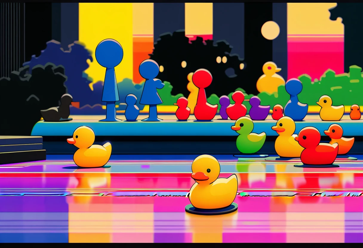 ink style figure, rubber duck, adorable cute, (wordless, single image), expressive ink, precise harsh stroke lines, animated cel, rotoscope, rich color grading shading shadows depth, nuanced watercolor background, hand drawn, accurate, detailed, craftsmanship, nighttime, chiaroscuro lighting, unified color scheme, simple lines, subtle flourish reflection