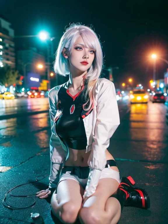 ((obra de arte, high resolution:1.4), Lucia_Ciberpunk, (futuristic city at night, luzes de neon:1), (fechar-se:1.2), (1 garota), cabelo curto branco, franja, ((Delineador Vermelho)), ((inventar)), Red lips, jaqueta branca ombro a ombro, body preto, Ombros nus, White shorts, hip ventilation, coxas pretas, pele altamente detalhada, poros da pele, (rosto altamente detalhado:1.5), (olhos altamente detalhados:1.5), realista pupils:1.5, blush de rosto inteiro, fleshy lips, (anatomia perfeita:1.1), (Perfect proportions:1.1), (fotografia:1.1), (photorealista:1.1), volumetric lighting, dynamic lighting, sombras reais, (high resolution:1.1), sharp focus, (realista, hyperrealista:1.4), intrincado, Alto detalhe, dramatic, underground dispersal, grande profundidade de campo, vivid, Polido, afiado, ((totalmente afiado)), (extremamente absurdos),16k hdr,