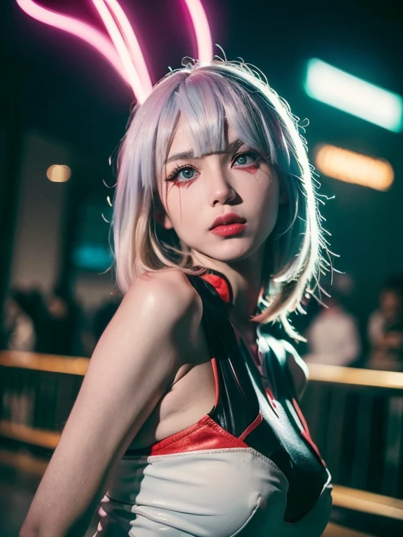 ((obra de arte, high resolution:1.4), Lucia_Ciberpunk, (futuristic city at night, luzes de neon:1), (fechar-se:1.2), (1 garota), cabelo curto branco, franja, ((Delineador Vermelho)), ((inventar)), Red lips, jaqueta branca ombro a ombro, body preto, Ombros nus, White shorts, hip ventilation, coxas pretas, pele altamente detalhada, poros da pele, (rosto altamente detalhado:1.5), (olhos altamente detalhados:1.5), realista pupils:1.5, blush de rosto inteiro, fleshy lips, (anatomia perfeita:1.1), (Perfect proportions:1.1), (fotografia:1.1), (photorealista:1.1), volumetric lighting, dynamic lighting, sombras reais, (high resolution:1.1), sharp focus, (realista, hyperrealista:1.4), intrincado, Alto detalhe, dramatic, underground dispersal, grande profundidade de campo, vivid, Polido, afiado, ((totalmente afiado)), (extremamente absurdos),16k hdr,