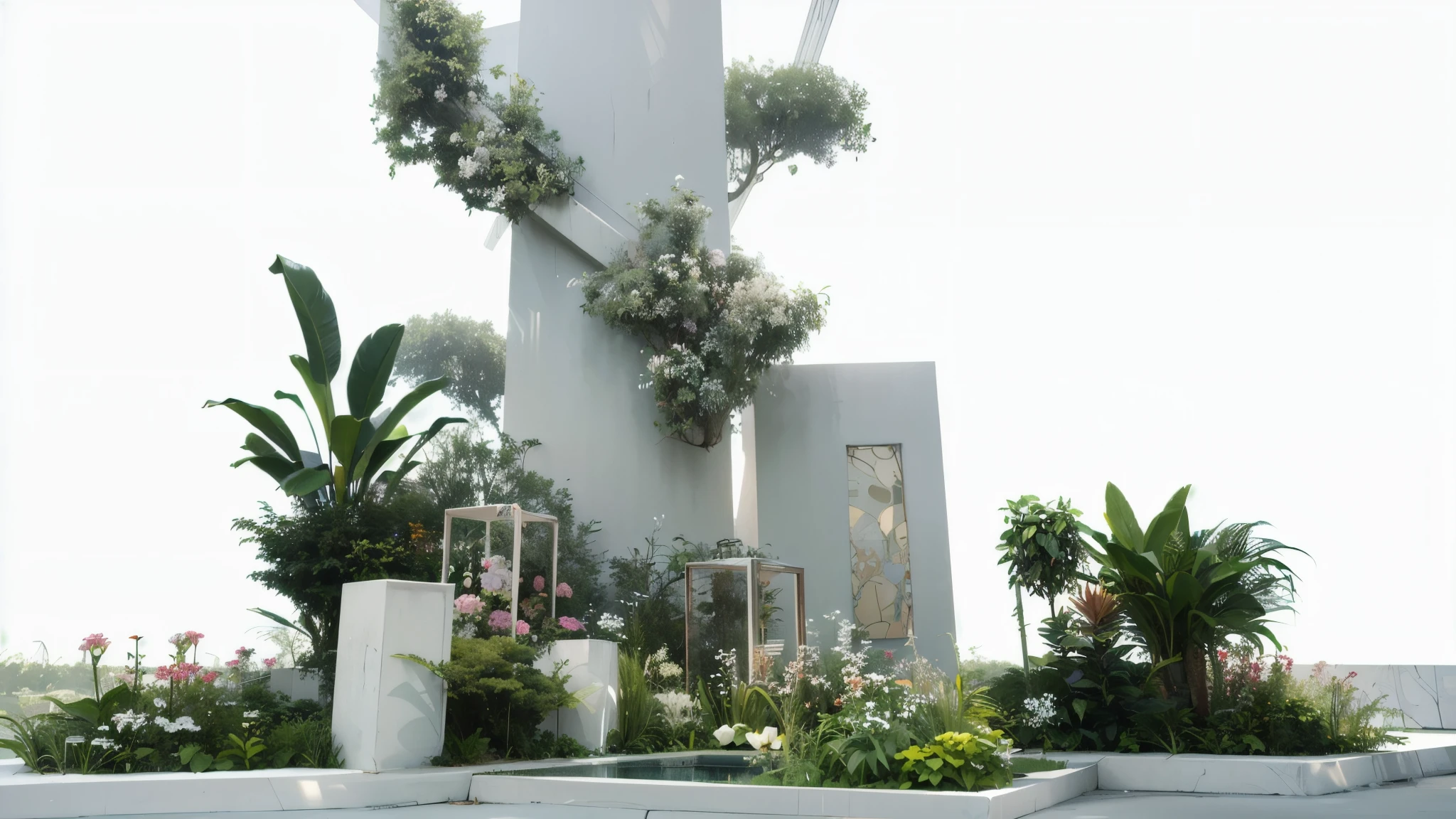 There is a white sculpture,There is a cross on it,Surrounded by plants, Flower Tower, Encapsulated rendering, floral environment, architectural rendering, Complex 3D rendering, Complex 3D rendering, very Detailed rendering, Forest of plants in glass tubes, plant architecture, 3D rendering style, Detailed rendering, Detailed rendering, There are flowers and plants, There is a lot of vegetation,high contrast shadows、ultra high resolution、HD quality、high detail、Very detailed、beauty、architectural fragment、Surrealism、Unreal Engine 5