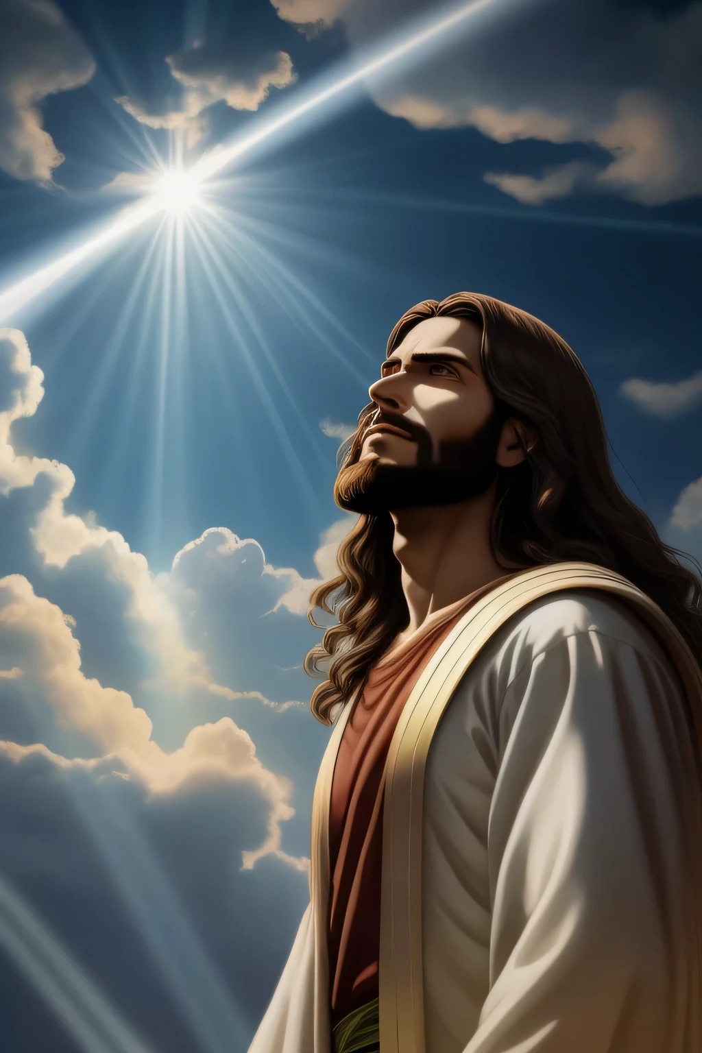 Jesus stands in front of the sun with his arms crossed, Jesus Cristo, portrait of Jesus Cristo, jesus, Jesus of Nazareth, deus raios solares, o senhor e salvador, rosto de jesus sorrindo, obra-prima de luz brilhante, Deus olhando para mim, sun behind him, santos raios de luz sagrados, Bright halo above your head, dressed like Jesus Cristo, raios de deus altamente detalhados