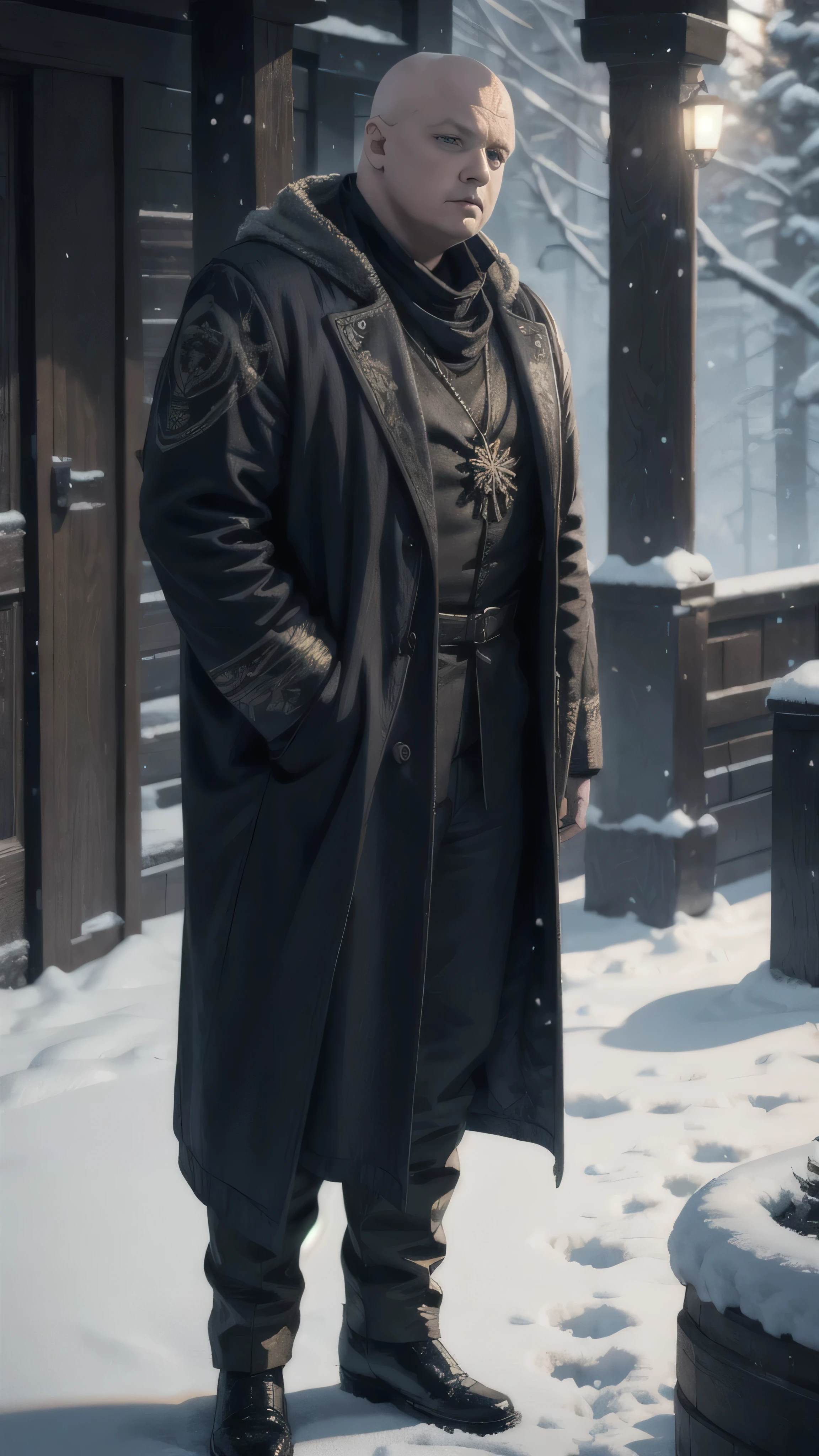 frostpunk, Lord Varys_l0r4va, (coat with golden elements), boots, standing in a garden, winter, snow, 1man, solo, beautiful detailed glow, detailed, cinematic light, intricate detail, realistic, highres, detailed facial features, high detail, sharp focus, smooth, aesthetic, extremely detailed, stamp, octane render