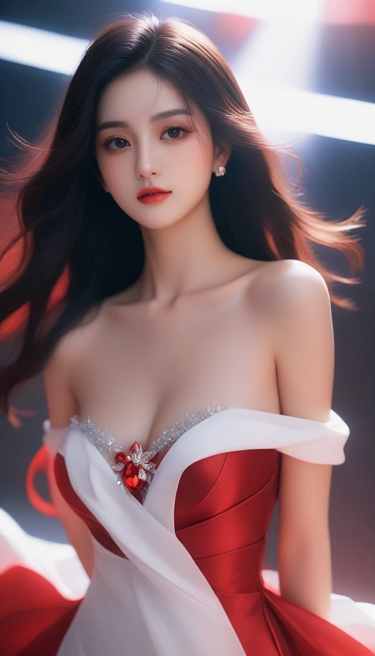 Close-up, (neon, night view, Dutch angle, from above, strapless: 1.3), masterpiece, top quality, raw photo, photorealistic, off-shoulder, red lace dress, red choker, reddish-purple eyes, up, upper body, cleavage, face light, shiny skin, film grain, chromatic aberration, absurdity, high resolution, ultra detail, detail, detailed eyes and face, sharp pupils, realistic pupils, sharp focus, sexy inviting poses, crotch opening, full body, posing to take pictures, sweating, wet skin, shy, red cheeks, embarrassed, full body wet, full body in the picture, thin legs