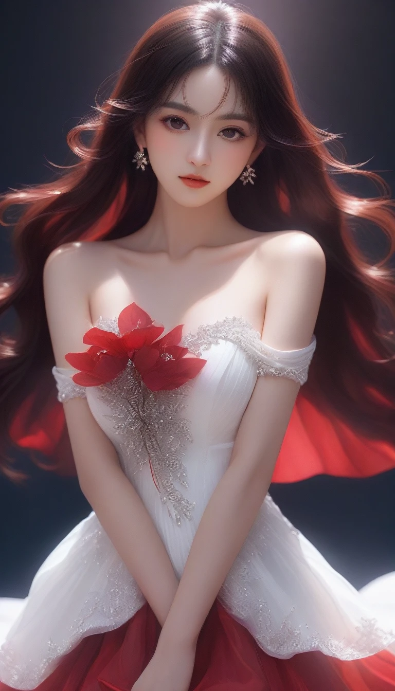 a woman in a white dress posing for a picture, beautiful alluring anime woman, beautiful anime woman, beautiful anime girl, anime girl with long hair, attractive anime girl, seductive anime girl, beautiful anime portrait, 8k high quality detailed art, red dress, guweiz, smooth anime cg art, red waist-long hair, glowing red