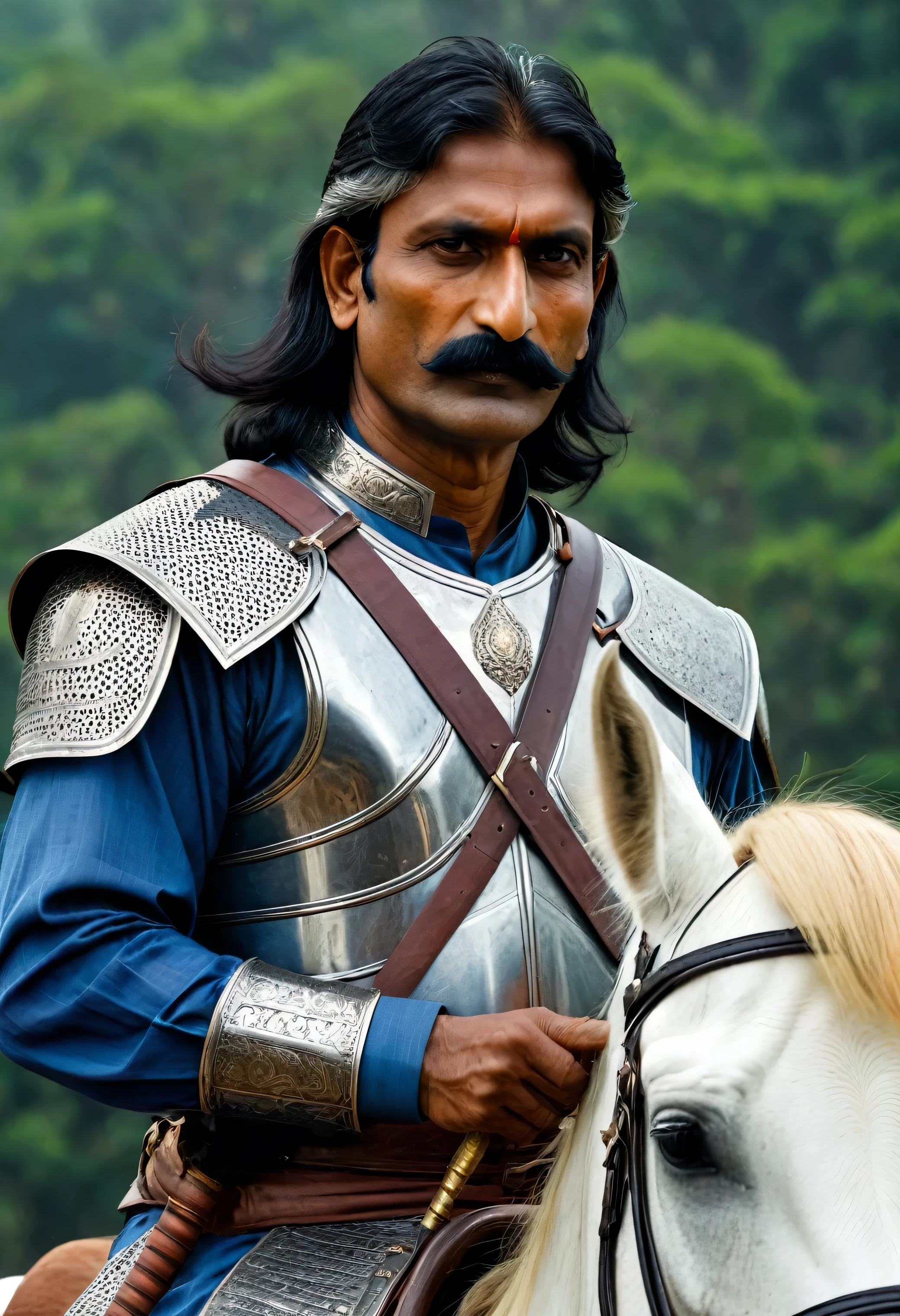 An Indian with a slightly long nose, fair face, long hair, age 45 years, expert in horsemanship, adept in war skills, heavy on the enemies with a sword in his hand, an expert wearing iron armor on his body