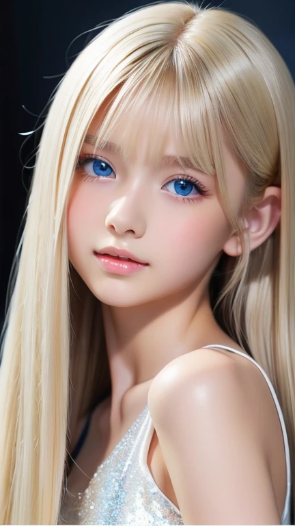Portrait、、bright look、ponytail、Young, shiny, white, glossy skin、best beauty、blonde reflection、Platinum blonde hair with dazzling highlights、shiny bright hair,、super long silky straight hair、Shining beautiful bangs、Sparkling clear and charming big blue eyes、very beautiful lovely cute 16 year old girl、rich bust