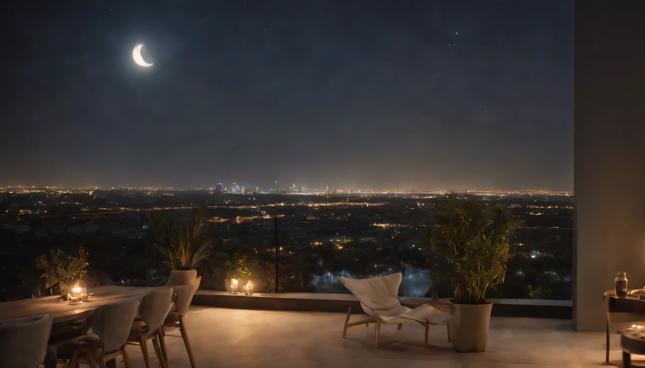 Commercial photography, real photography, movie style, photorealistic, 8K. Calm and quiet atmosphere at night. The stars are beautiful in the sky. A mysterious full moon, a high-rise apartment, a bright living room on the upper floor, large floor-to-ceiling windows, a beautiful night view from the window, Dubai, plants, a table full of delicacies, a magical night sky, and calming indirect lighting. Warm light, relaxing space, moonlight, clear images,