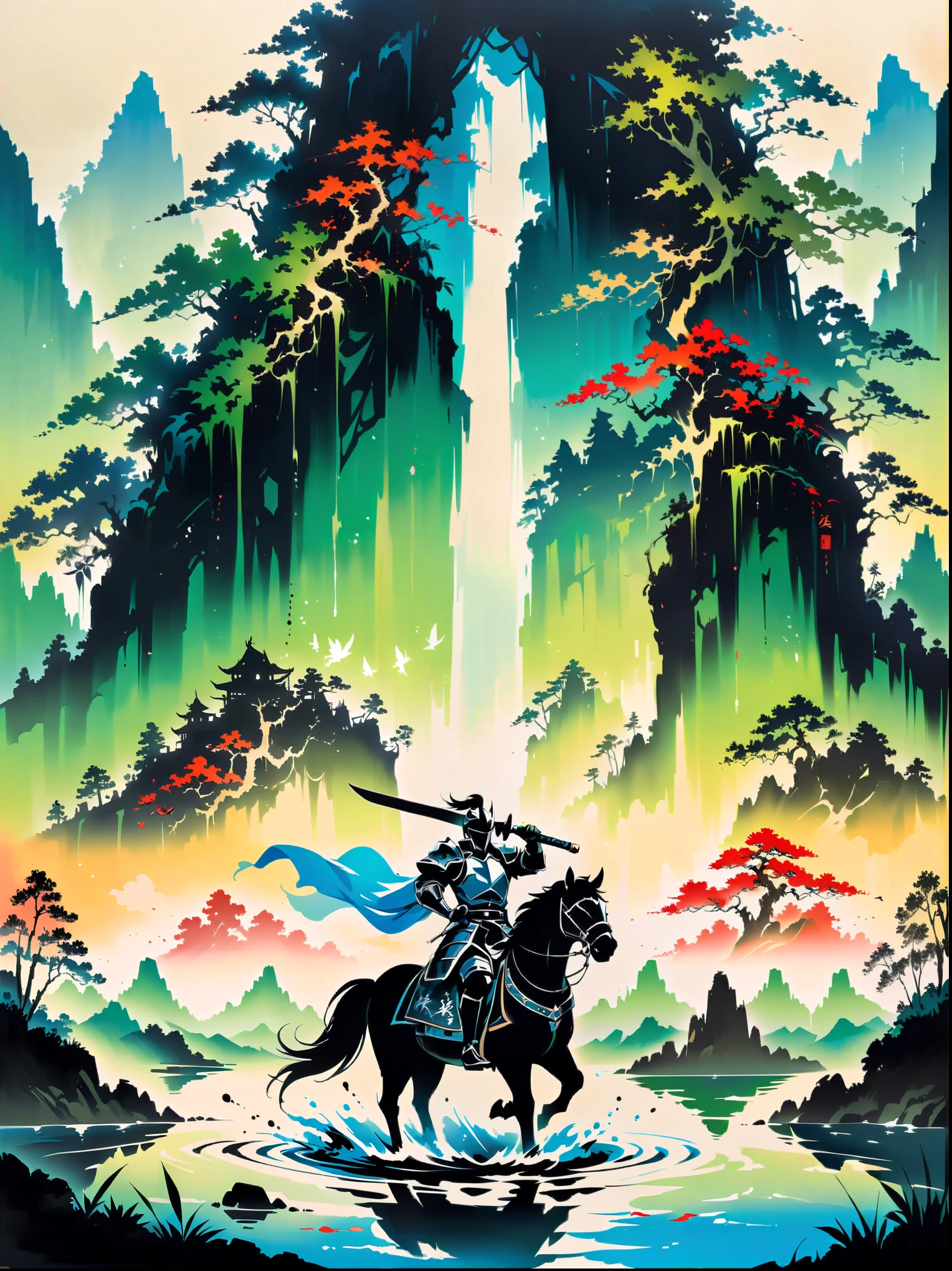 Ink painting,Male knight on the water,A bamboo forest behind,sword,landscape,Ultra HD resolution,Freehand style,majestic,Natural light