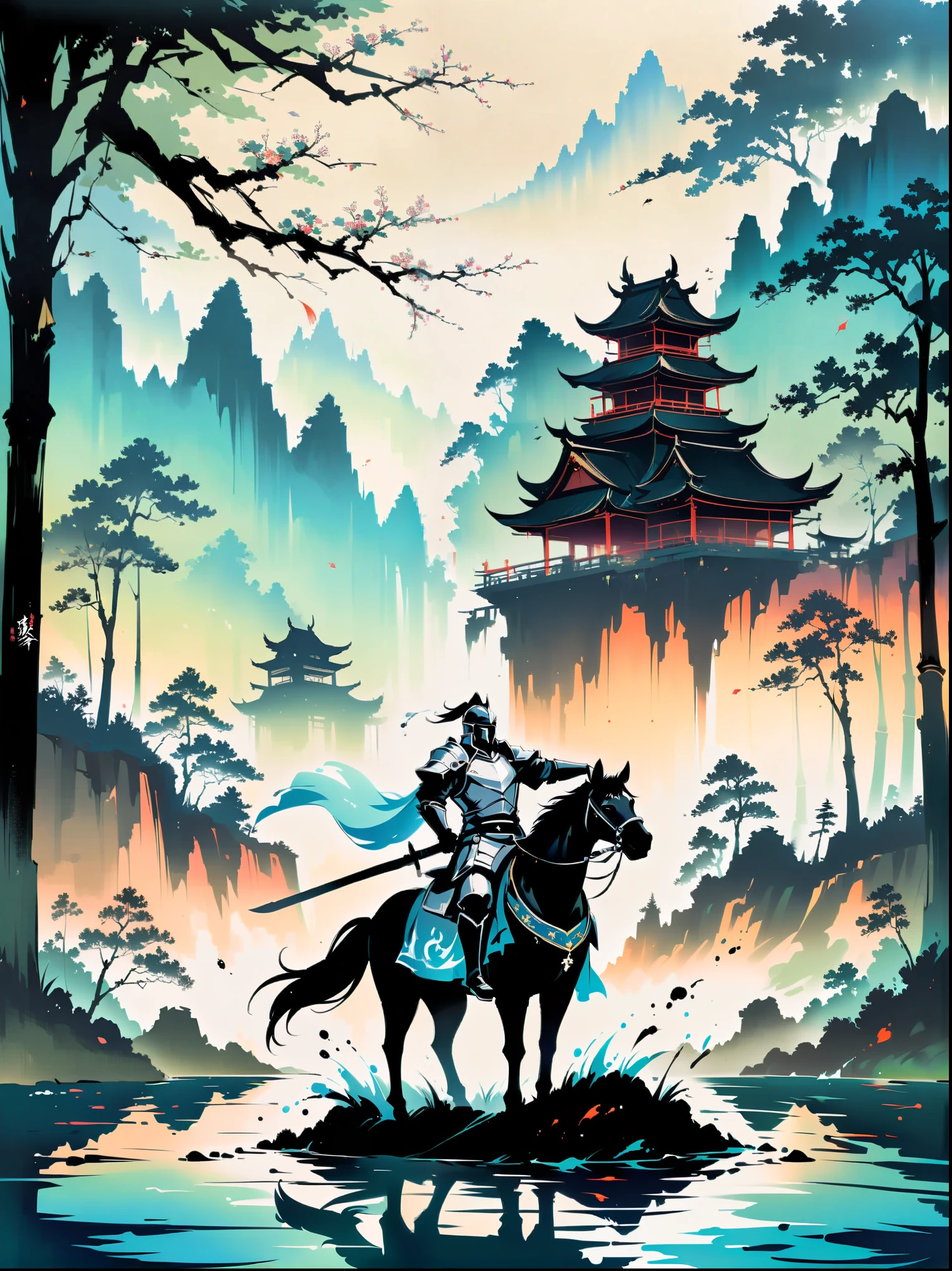 Ink painting,Male knight on the water,A bamboo forest behind,sword,landscape,Ultra HD resolution,Freehand style,majestic,Natural light