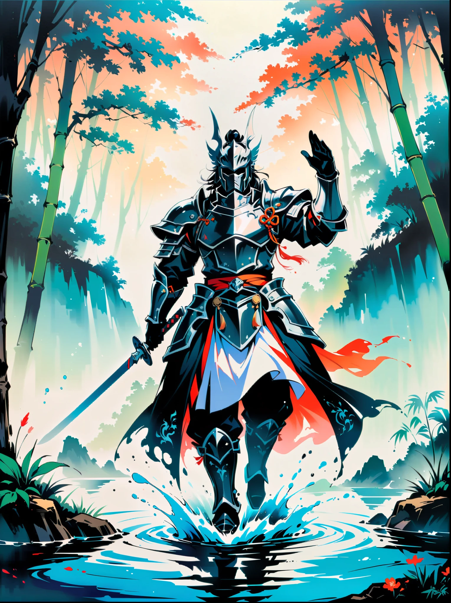 Ink painting,Male knight on the water,A bamboo forest behind,sword,landscape,Ultra HD resolution,Freehand style,majestic,Natural light