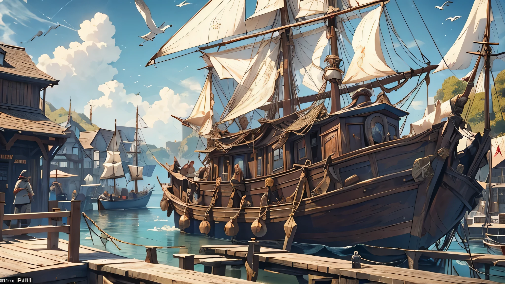 a young black-haired fisherman in a medieval fantasy setting on a bustling dock during the daytime. The scene includes the fisherman interacting with various characters, emphasizing the sailor dressed in tattered commoner attire. The composition is rich in storytelling, with intricate details capturing the atmosphere of the harbor