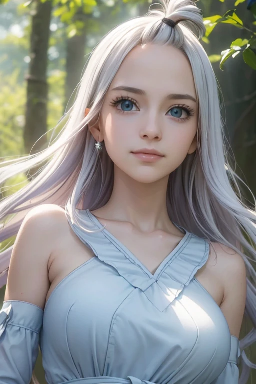 (best quality,4k,8k,highres,masterpiece:1.2),ultra-detailed,(realistic,photorealistic,photo-realistic:1.37),portraits,Mirajane Strauss,beautiful detailed smile,light blue dress,detailed eyes,fair skin,long wavy hair,serene expression,sparkling eyes,natural lighting,soft background colors,feminine charm,daintily posed,charming and gentle disposition,graceful movements,delicate features,natural beauty,vivid colors,subtle shades of blue,ethereal atmosphere,crisp focus,subtle shadows,masterful brushwork,charismatic aura