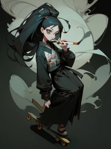 ((Cartoon girl smoking a cigarette and holding a skateboard, concept art. cigarette, smog punk, digital illustration style, Gwaites style artwork, Fan art of urban girls, Cartoon style illustration, Ashley Wood's Style, digital character illustration, (cigarette), cigarette, 2D digital illustration, 2D illustration, 2D illustration, she is wearing streetwear)), scribble, nightmare, doll-like face, cartoon style, rough sketch, , (masterpiece), (High resolution), (super delicate), (clear), Comic book style illustrations,(Horror elements), Japanese painting illustration, full body,(snap shot),crazy illustration, antique, dark atmosphere, flat illustration, creepy appearance, Characteristic hairstyle, creative accessories, Unique atmosphere