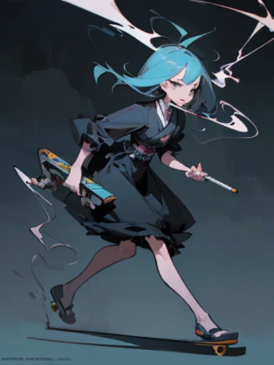 Short-haired elementary school girl holding a briefcase, 1 girl, solo, Cirno, school uniform, Gohei, skirt, shoes, black school uniform, socks, Mary Janes, school background, different costume, long sleeves, spreading sleeves, light blue hair, full body, looking at viewer, short hair