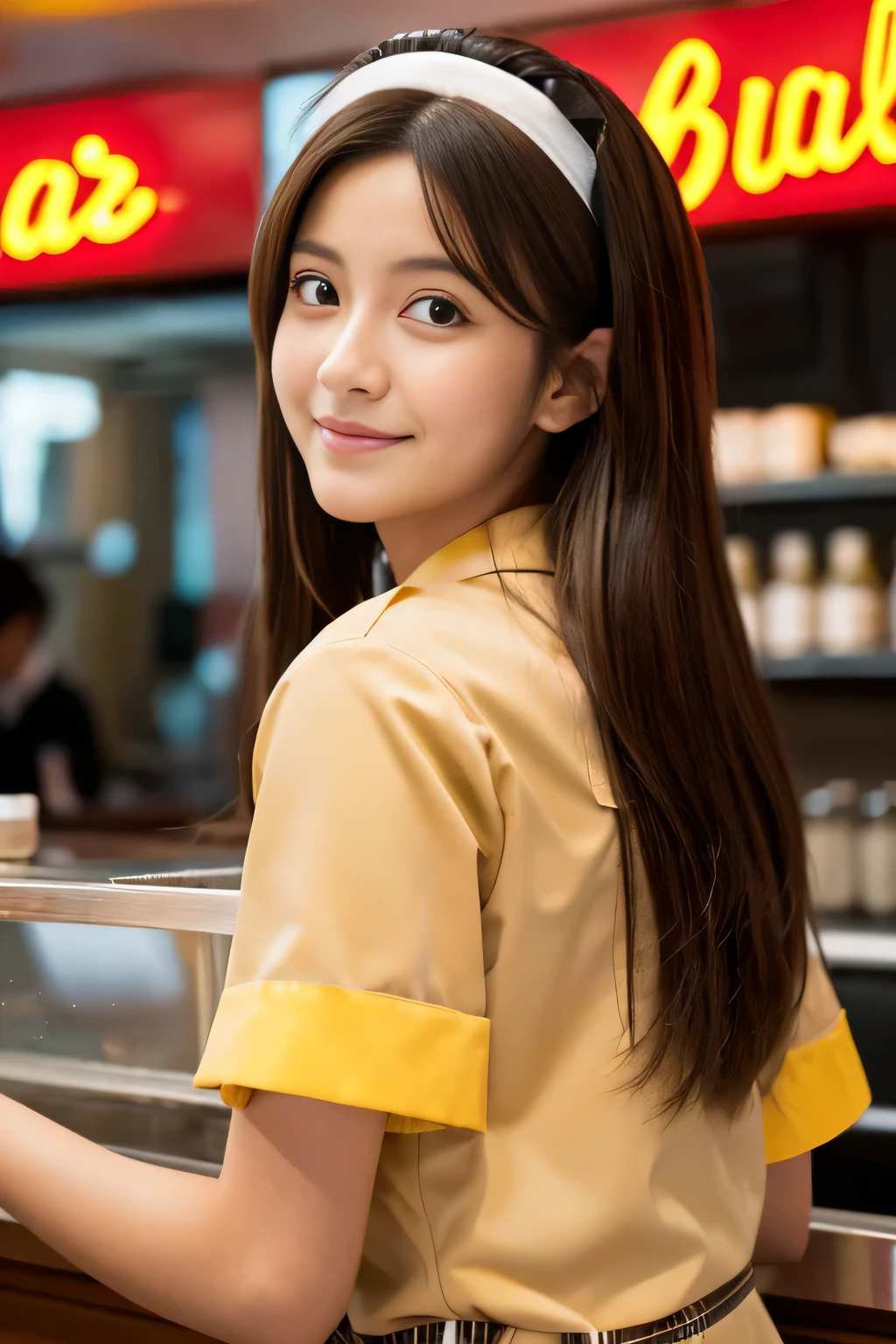 masterpiece, highest quality, Photoreal, Super detailed, finely, High resolution, 8k wallpaper, Professional, Advanced level of detail, ((A high school girl working at a hamburger shop:1.2)), slender Japanese woman,, detailed clavicle, Medium chest、perfect face, (Front facing:1.2)、medium long hair, chestnut hair、(Hamburger shop uniform:1.5)、cute face、(looking straight ahead:1.5)、(brown skin:1.5)、full body shot