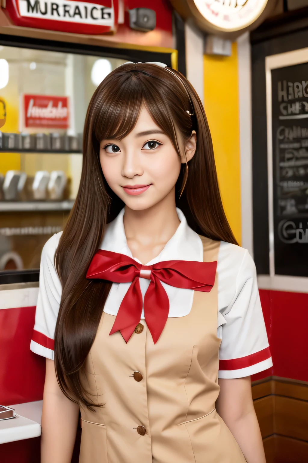 masterpiece, highest quality, Photoreal, Super detailed, finely, High resolution, 8k wallpaper, Professional, Advanced level of detail, ((A high school girl working at a hamburger shop:1.2)), slender Japanese woman,, detailed clavicle, Medium chest、perfect face, (Front facing:1.2)、medium long hair, chestnut hair、(Hamburger shop uniform:1.5)、cute face、(looking straight ahead:1.5)、(brown skin:1.5)、full body shot