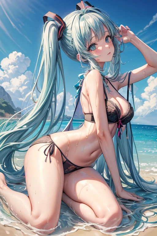 (Seios grandes Hatsune Miku,electronic singer,cabelo verde,Ombros nus,uma saia preta,mangas pretas,(Blusa de cor branca),Roupas brancas,8k,A high resolution,olhos verdes,fundo do concerto,No local do concerto,em concerto,Only beautiful thighs are exposed,the clothes are white,appear on the arm is 01,The number is 01,fundo brilhante,Leaves', cabelo de alta qualidade 8k ,The eyes of the anime heroine,Olhos de detalhes ultraelevados,olhos de alta qualidade,gravata longa,The length of the tie is thirty cm,Olhos de alto detalhe , and in panties and bra, full body wet from the rain