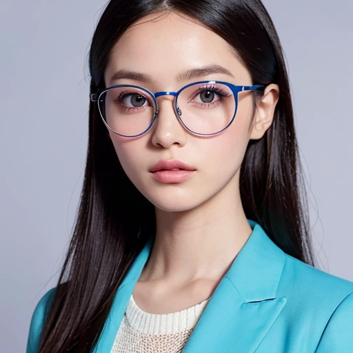 front focus, medium portrait portrait of a French supermodel. pastel geometric patterns on clothes, futuristic big glasses, fashionable outfit on a sky blue background. This is a minimalistic portrait with a high tonal range.