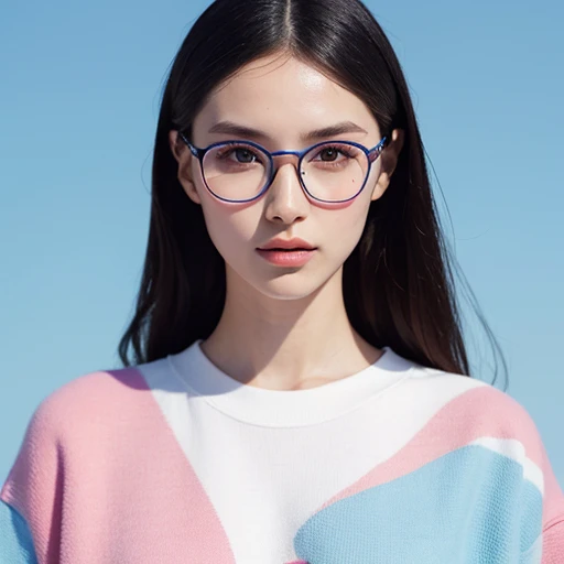 front focus, medium portrait portrait of a French supermodel. pastel geometric patterns on clothes, futuristic big glasses, fashionable outfit on a sky blue background. This is a minimalistic portrait with a high tonal range.