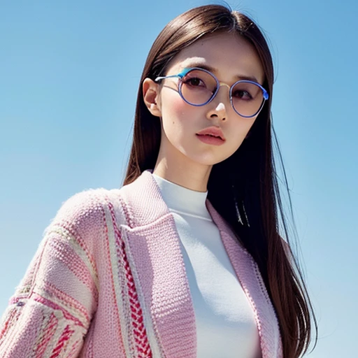 front focus, medium portrait portrait of a French supermodel. pastel geometric patterns on clothes, futuristic big glasses, fashionable outfit on a sky blue background. This is a minimalistic portrait with a high tonal range.
