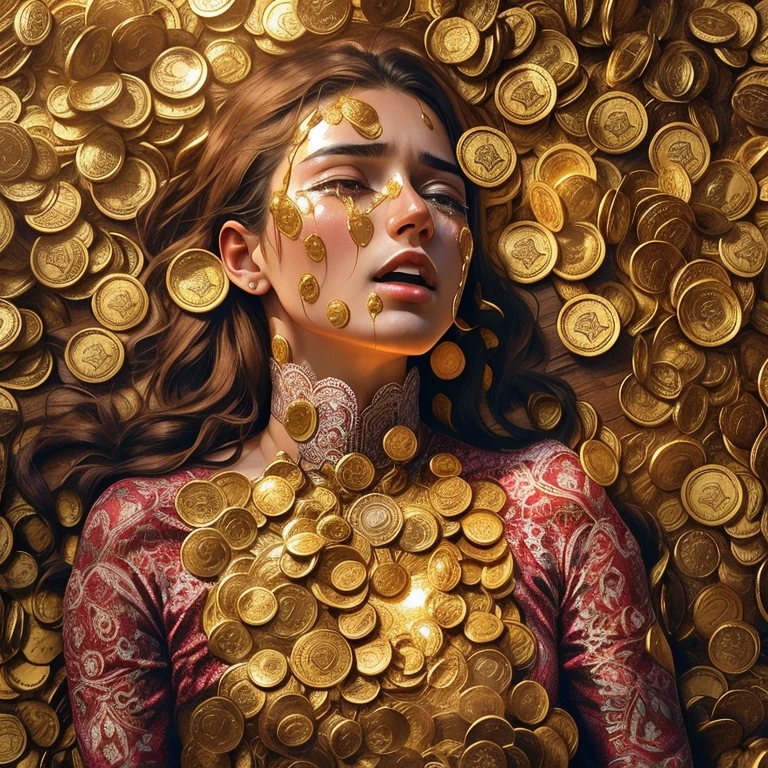 Art Photo, a photograph of a crying young woman plastered with dollar gold coins, overhead shot, dazzling sunlight, intricate, flashy, translucent, medium scene, grotesque art style, extremely creative, simple and mysterious, high quality, 8k