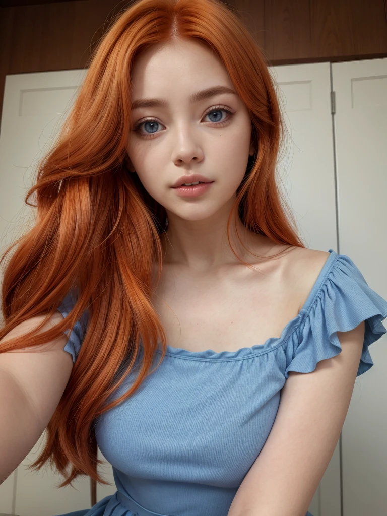 mujer encantadora en vestido azul posando para uma foto, escote abierto, usando vestido azul, usando um vestido azul, vestido azul, em vestido azul, vestido justo, vestido tubo-top, foto do perfil, roupa azul, foto do perfil, Vestido em azul, um vestido azul, em um vestido, vestido skintight, com pele azul, imagem de perfil, wearing a plastic blue dress, labios aventando un beso, besando el aire, a close up of a woman with red hair wearing a white bikini, young beautiful, she has long redorange hair, orange skin and long fiery hair, orange glowing hair, she has long orange brown hair, big breasts