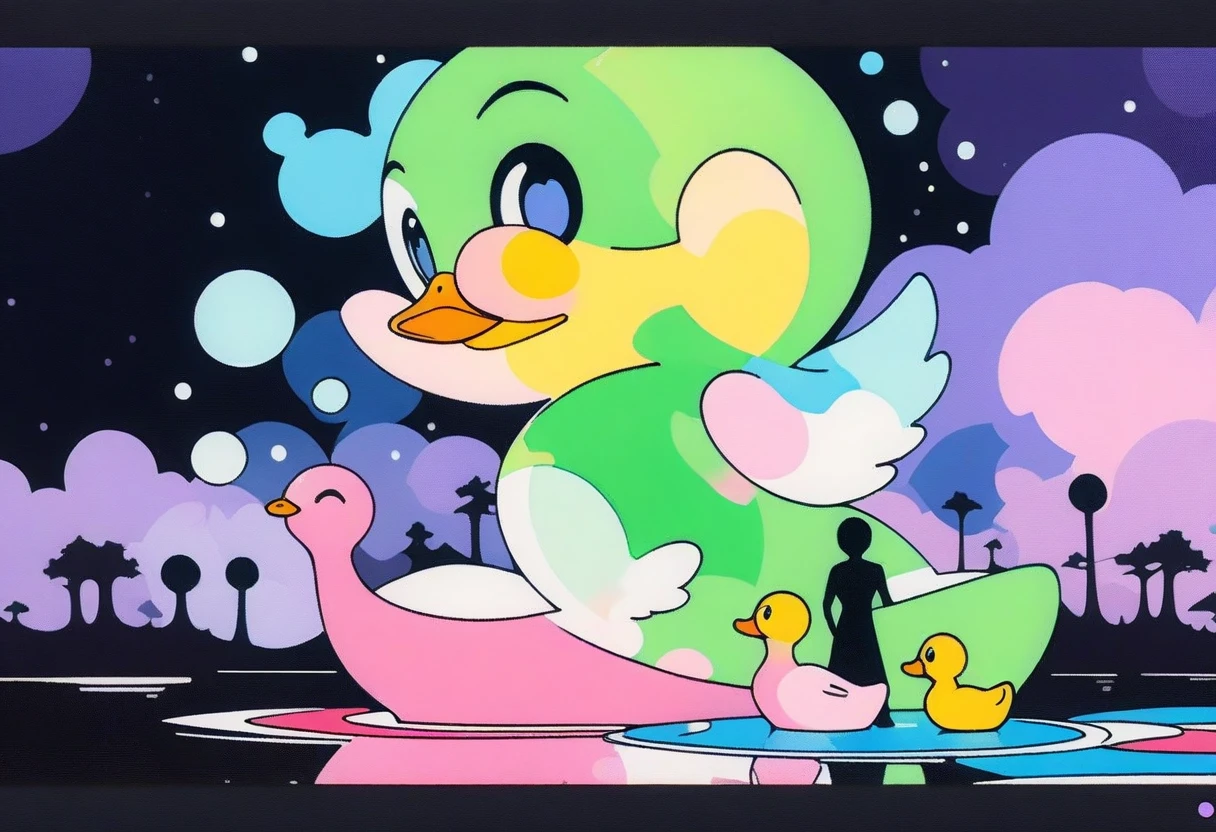 ink style figure, rubber duck, adorable cute, (wordless, single image), expressive ink, precise harsh stroke lines, animated cel, rotoscope, rich color grading shading shadows depth, nuanced watercolor background, hand drawn comic, accurate, detailed, craftsmanship, nighttime, splash page, decompressed comic, cover art, chiaroscuro lighting, unified color scheme, simple lines, subtle flourish reflection
