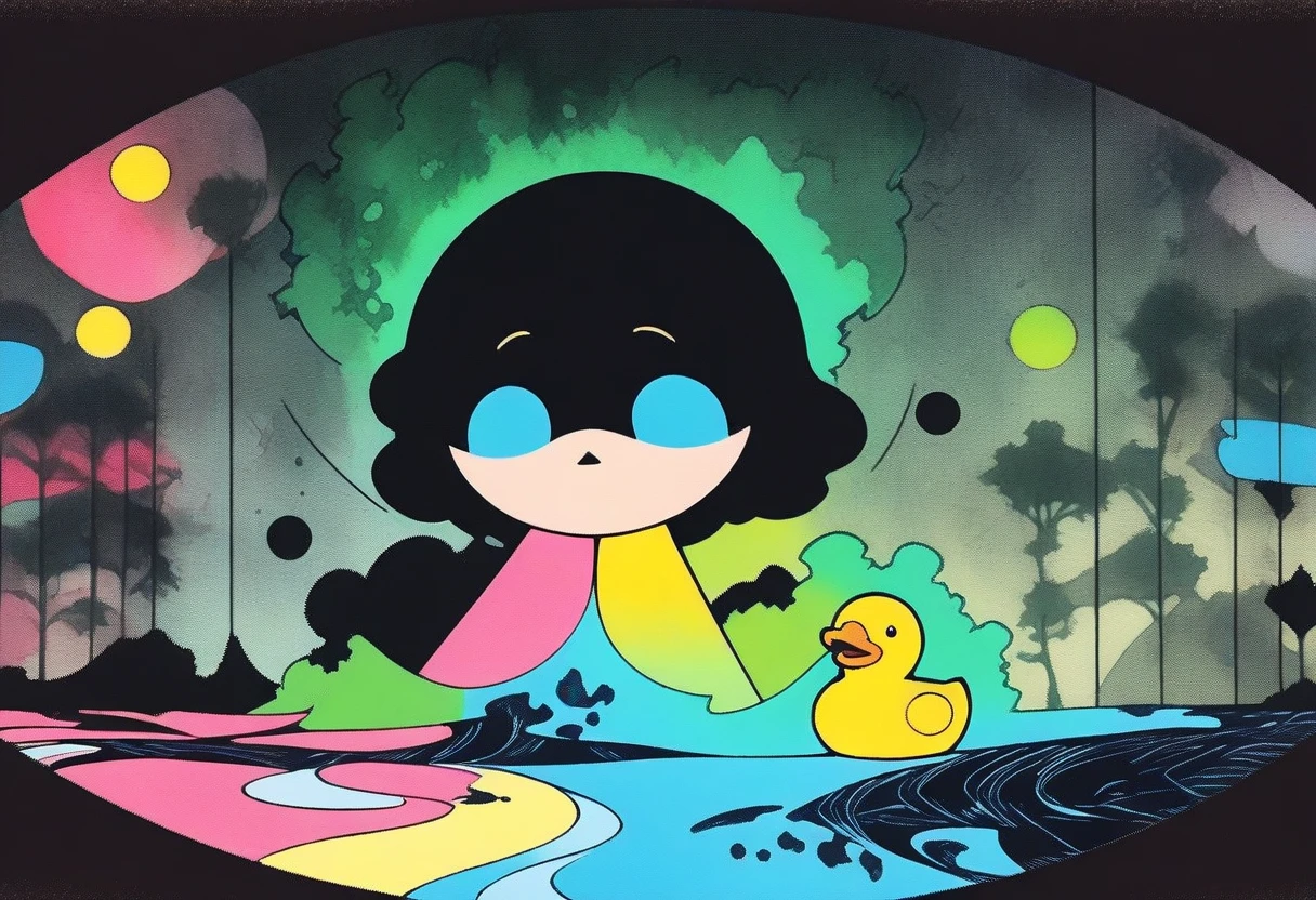 ink style figure, rubber duck, adorable cute, (wordless, single image), expressive ink, precise harsh stroke lines, animated cel, rotoscope, rich color grading shading shadows depth, nuanced watercolor background, hand drawn comic, accurate, detailed, craftsmanship, nighttime, splash page, decompressed comic, cover art, chiaroscuro lighting, unified color scheme, simple lines, subtle flourish reflection
