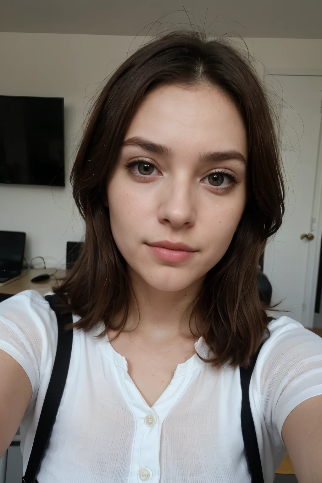 photo portrait d'une femme brune, 28ans, tenue casual, arriere plan bureau, selfie de mauvaise qualité, normal beauty, hyper realiste