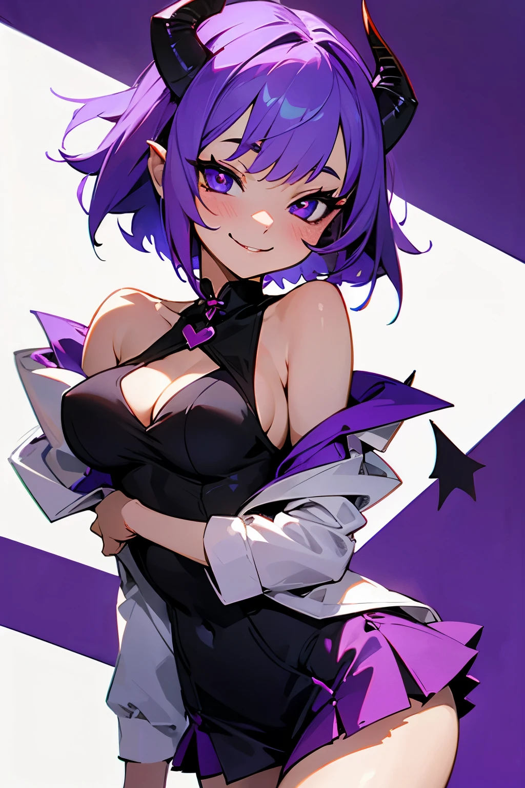 Girl, short purple hair, horns, medium-sized breasts, short skirt, naughty or sexy expression. Shows a smiling face with horns, expressing a devilish nature or something fun and naughty. 😈