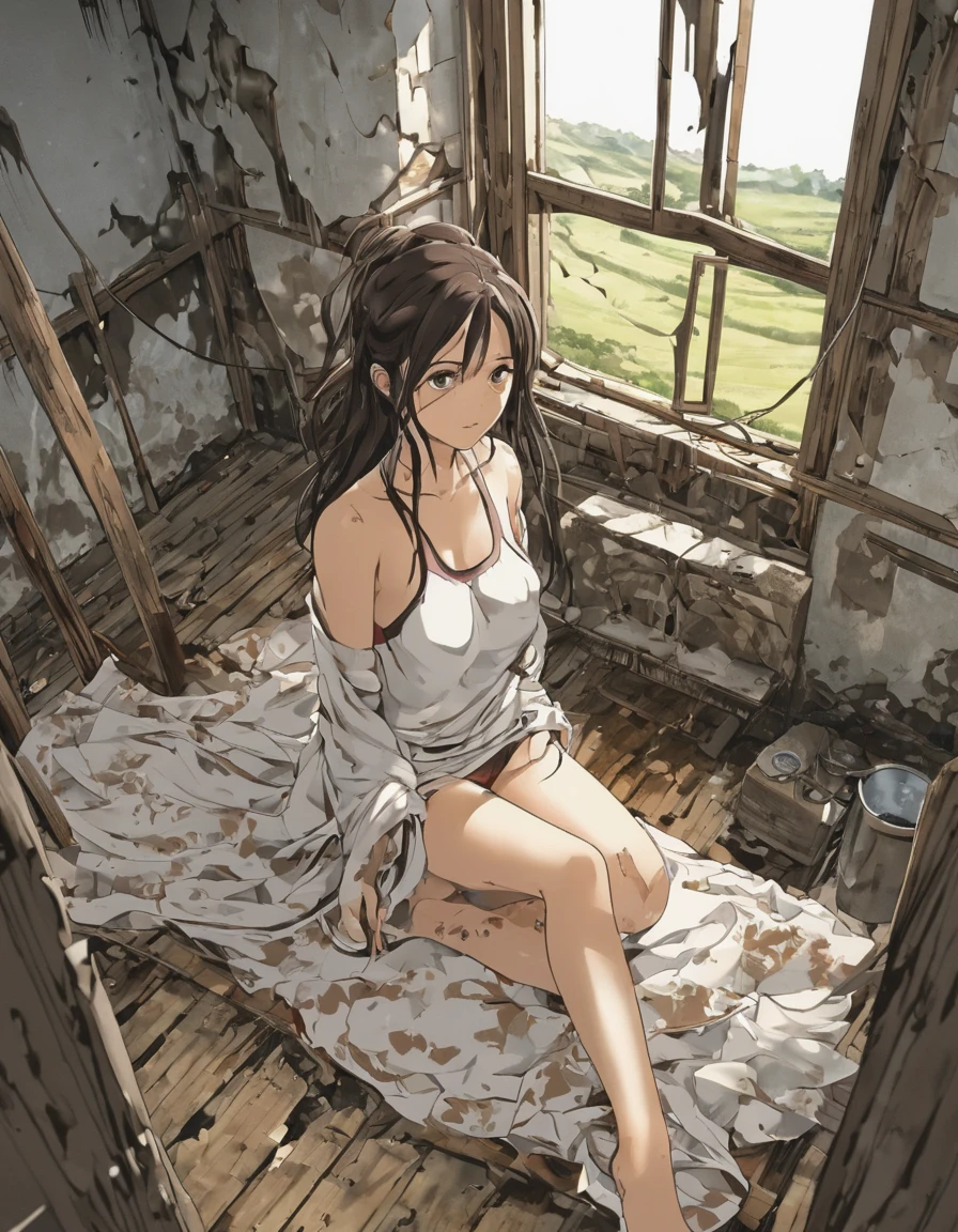 Arti futuro anime. aerial view, mulher japonesa madura de meia idade suja sentada na poltrona, vagina delicada pelos naturais na vagina, in a ruined house, wet, messy hair over eyes, camisa bodycon detalhada e saia plissada. vixip, paisagem em close, ferir. Hand drawing, cinematic lighting, altamente detalhado. branco, marrom, vermelho. Perfect composition, obra de arte, Melhor qualidade, 4K, sharp focus. anatomia perfeita.