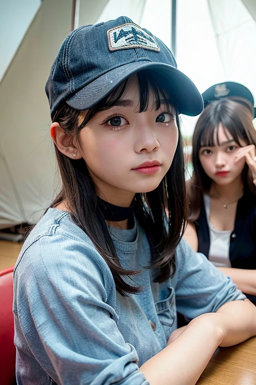 highest quality、超A high resolution、(Photoreal:1.4)、(three girls、)、(faded gray hair:1)、(Huge胸、Huge 、areol)、(looking at the viewer、Close-up、camp、teepee、denim、baseball cap、mask)