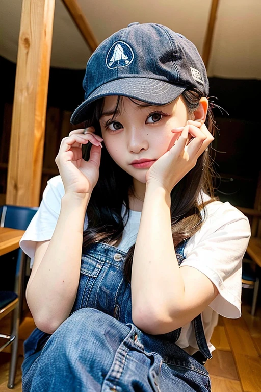 , wearing big black-rimmed glasses, big round eyes, slightly big mouth, small dumpling nose, purple semi-long straight hair, smile, wearing a pink hat, wearing overalls, pink T-shirt, salute,