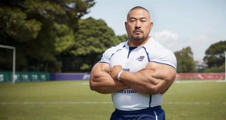 (rugby uniform:1.4), (at rugby ground:1.4), 40's, Japanese man, Chinese man, Korean man, Taiwanese man, manly face, fat face, (round face:1.4), (monolid eyes:1.2), (buzz cut:1.6), very large and strong body, bulky body, beefy muscles, (bulging muscles:1.4), (very large pectoral muscles:1.4), (muscular arms:1.4), muscular abs, muscular legs, muscular back, brightens oily skin, master piece, (realistic:1.4), panorama, distant view