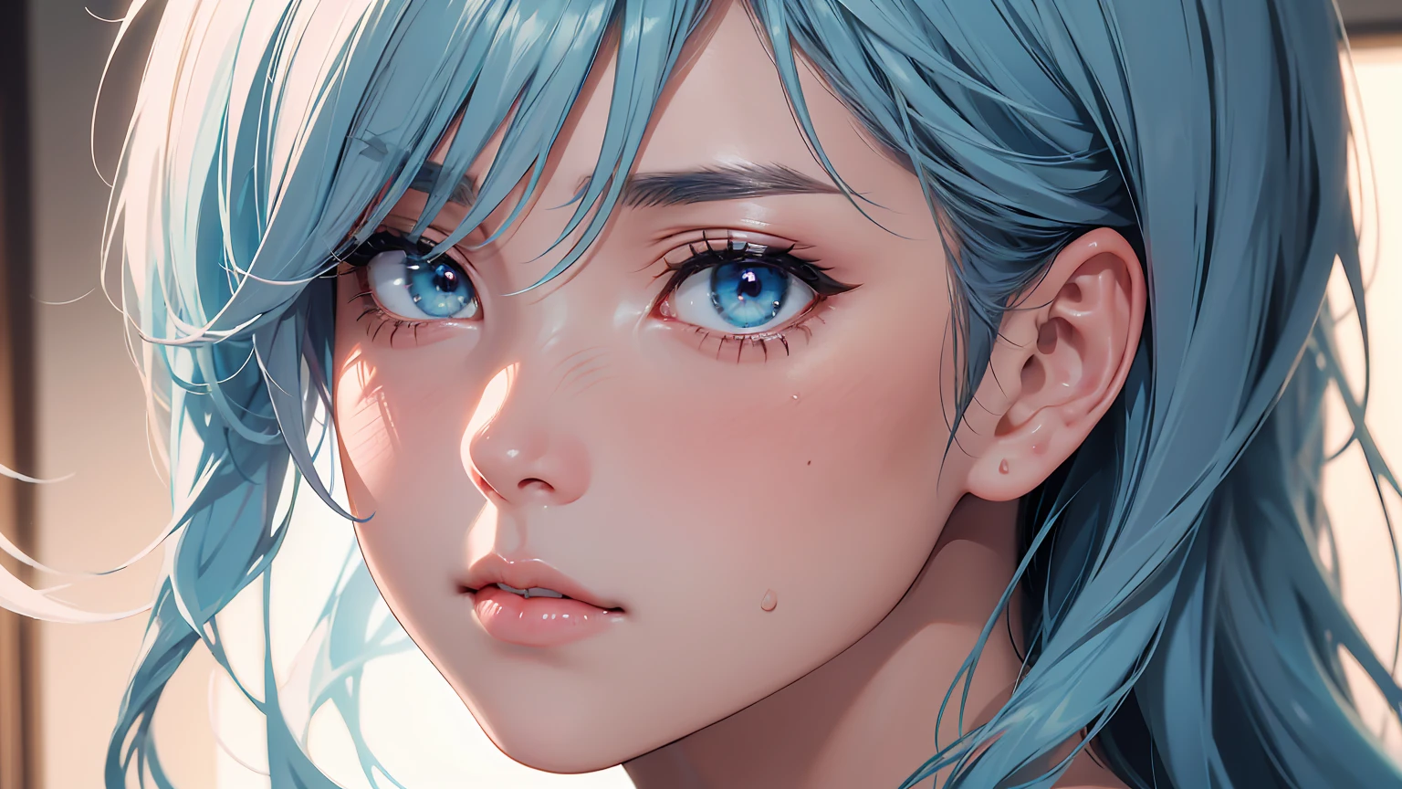 highly detailed, caustics, 8K, masterpiece, anatomically correct, award winning, highres, SFW, portrait, a woman, mature look, Light blue hair streaked pink, nude, full_Body, (perfect_Face), Best hair quality, Extra super detailed eyes, Extra high facial detail, side_body, eye reflection, focus on eyes, high textured skin, close up, mad, dramatic lighting, lowexposure, look like after do something, sweat, tired, heavy breathing, light blush, torogao