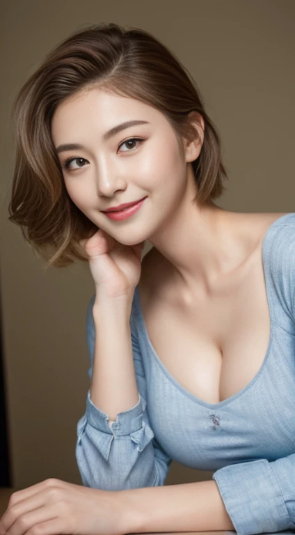 ((highest quality, 8K, masterpiece: 1.3)), 1 girl, The beauty of slim abs: 1.3, (casual hairstyle, big breasts: 1.2), dress: 1.1, super fine face, fine eyes, double eyelid, smile, Home, concentrated