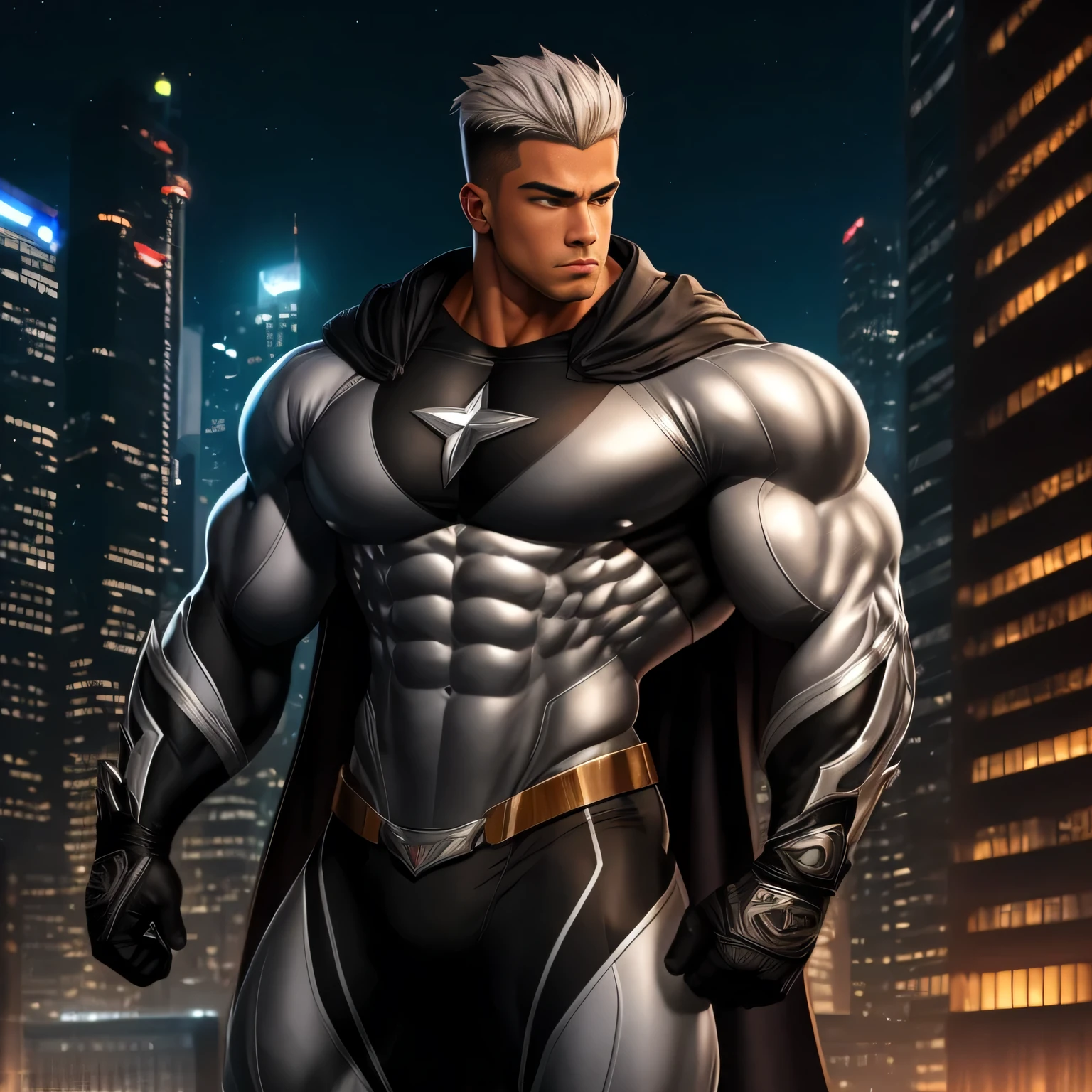 ((Extremely realistic shadows, Masterpiece, extremely detailed, photorealistic)) A ager at 18 years old (Mexican ethnicity) Handsome, muscular thighs, bulging neck. Tanned skin massive muscular bodybuilder, gray hair, (WHITE HAIR) military haircut, tight clothing, body full of muscles; ripped abs, V-shaped body, thick waist, long legs, strong arms. City background, skyscraper, futuristic city, night, stars, night lights, Superhero, hero, bodysuit, hood, massive muscles, huge pecs, chiseled ABS, huge pecs, exaggeratedly huge muscles, 300 lbs. A young hero whose presence inspires trust and respect. (((His hero suit is black and silver)