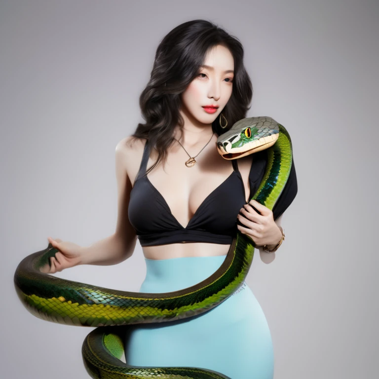 An around 40-year-old woman wearing a black bra top and holding a snake on her chest, snake女 hybrid, snake女, hot Reptiles humanoid woman, snake顔の女性, snake body, snake human hybrid, snakeの女王, snake body, snakeの顔の女性警備員, dark snakeの女王, coiled realistic snakes, snakeine pose, snake, Reptiles