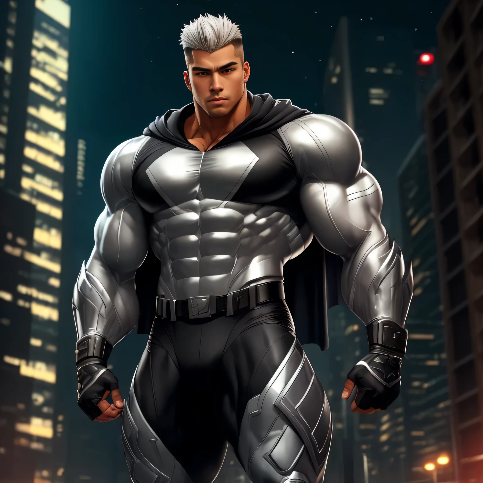 ((Extremely realistic shadows, Masterpiece, extremely detailed, photorealistic)) A teenager at 18 years old (Mexican ethnicity) Handsome, muscular thighs, bulging neck. Tanned skin massive muscular bodybuilder, gray hair, (WHITE HAIR) military haircut, tight clothing, body full of muscles; ripped abs, V-shaped body, thick waist, long legs, strong arms. City background, skyscraper, futuristic city, night, stars, night lights, Superhero, hero, bodysuit, hood, massive muscles, huge pecs, chiseled ABS, huge pecs, exaggeratedly huge muscles, 300 lbs. A young hero whose presence inspires trust and respect. (((His hero suit is black and silver)
