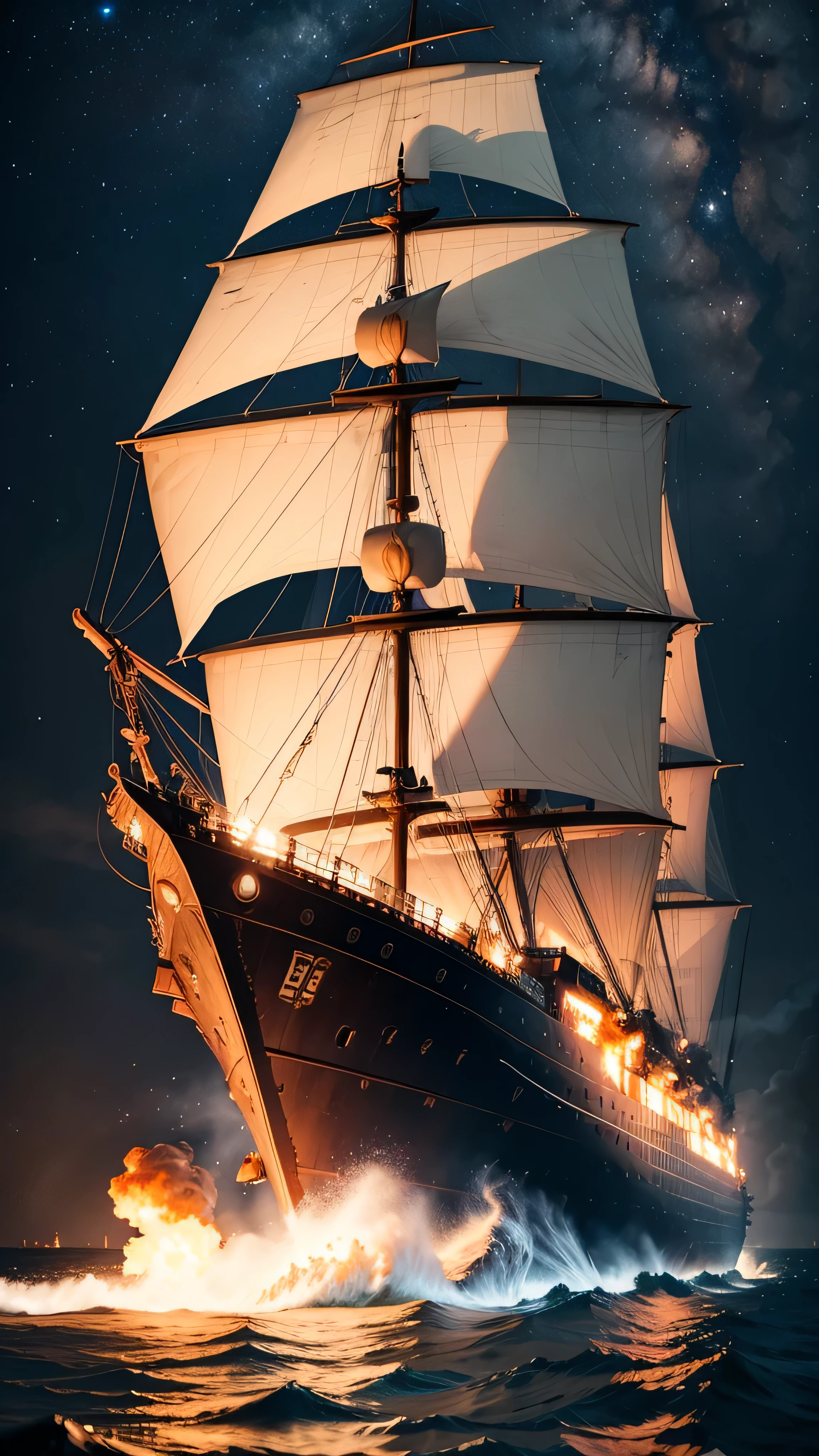 Wilhelm Gustloff's ship was hit, fire, night sky, 8k, high quality