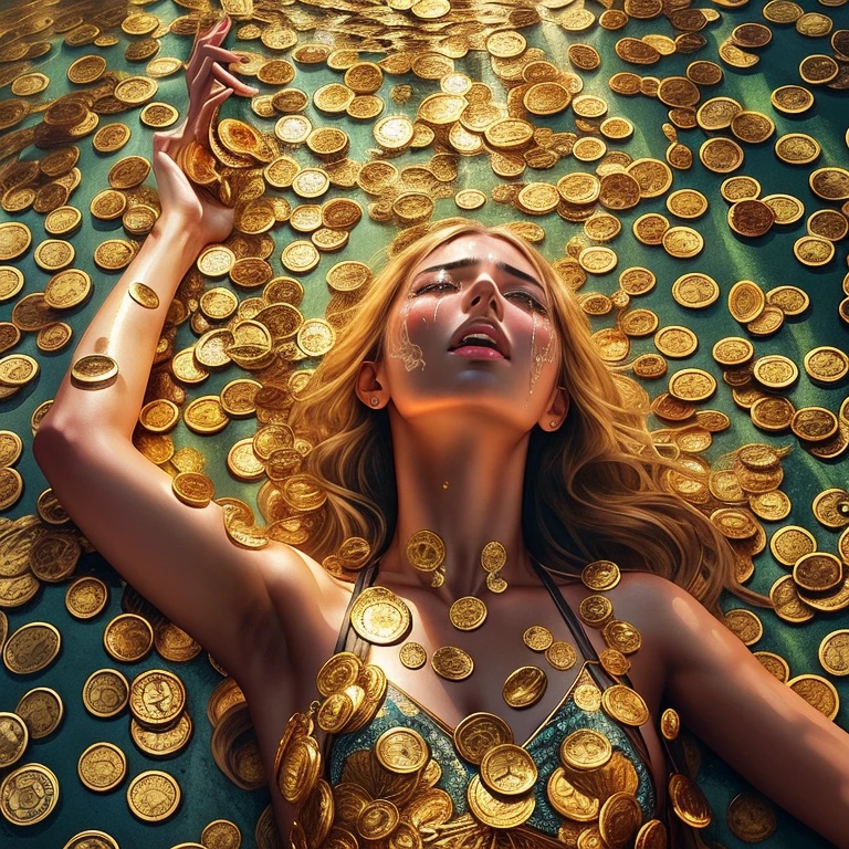 Raquel Welch covered in coins all over her body, completely naked and smiling