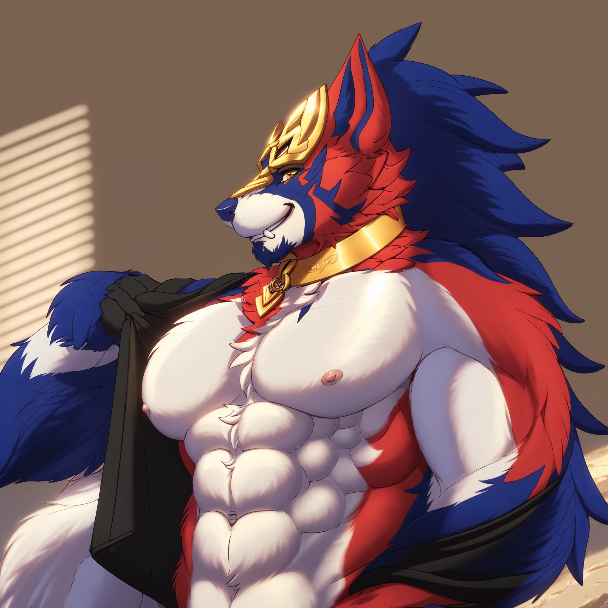 (Zamazenta, seducing smile, from the left, undressing, black thong, gold collar with shield charm, golden mask with blue details, 1boy, muscular, large pectorals, (detailed fluffy fur), detailed anatomy, detailed face, (soft shading), cinematic lighting), (by zackarry911, by zaush, (by personalami:0.5), ((masterpiece)), high quality, hi-res, 8k)